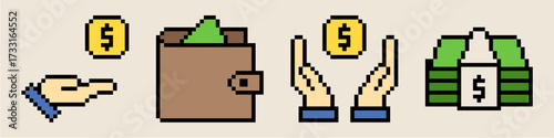 Set pixel finance icon vector for business, accounting, and monetary management. Useful for illustrating a collection of financial tools in a fun, retro, 8-bit aesthetic