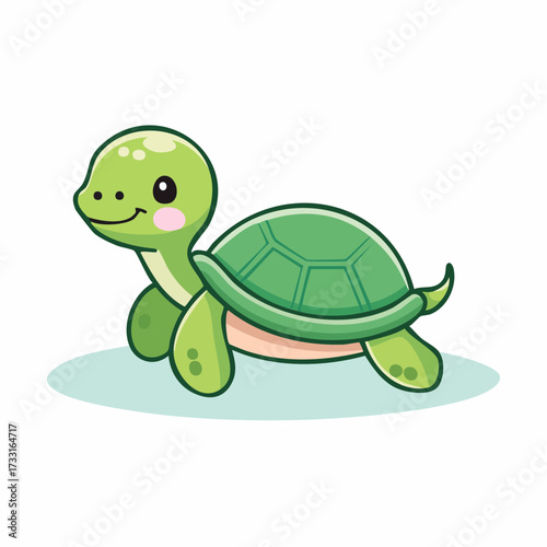 Sweet and adorable cartoon green turtle illustration, a friendly smiling reptile with a vibrant shell, ideal for children's educational materials and playful nature designs