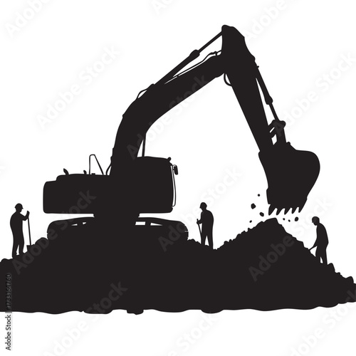 Silhouette of an excavator operating on a construction site with workers and a pile of earth, illustrating industry and labor.