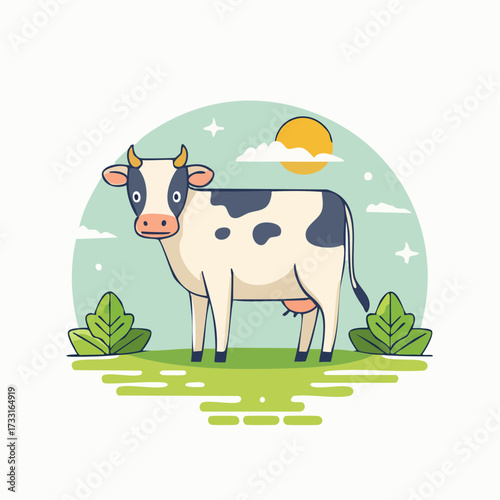 A cute cartoon cow stands in a green field with leaves and a sun. The background is a light green circle with stars and clouds.