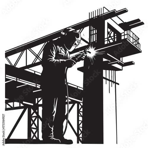 A skilled welder meticulously works on a construction project, using a welding torch to join metal beams in a detailed silhouette.