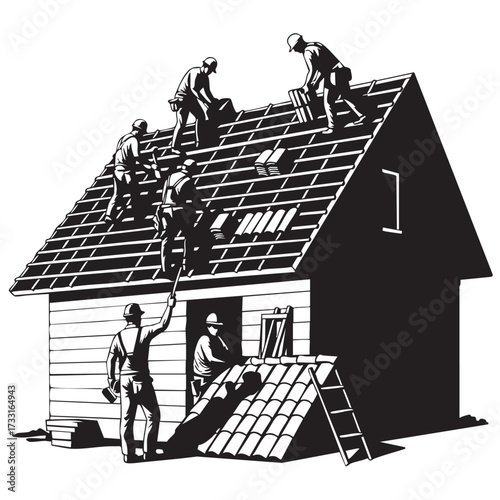 Construction workers are busy installing a new roof on a residential house, ensuring safety and quality craftsmanship.