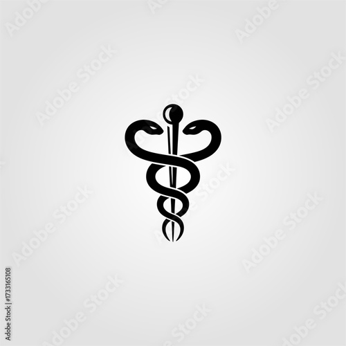 Caduceus medical logo, classic healthcare emblem, twin serpents with staff, hospital pharmacy symbol, minimalist black vector