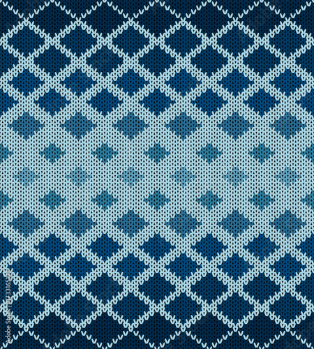 Seamless knitting pattern featuring a classic argyle-style diamond motif with an ombre effect, transitioning through various shades of blue. Perfect for backgrounds, fabrics, and winter designs.
