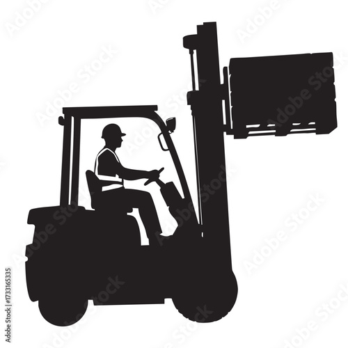 Silhouette of a forklift operator lifting a palletized load, representing warehouse logistics and industrial operations.