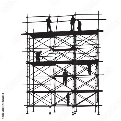 Silhouette of construction workers on scaffolding against a white background, symbolizing teamwork and building.