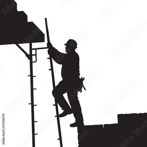A construction worker climbs a ladder to access a building's upper level, silhouetted against a bright white background, ready for work.