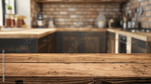 Mesa de Madeira Rústica em Fundo de Cozinha Moderna Desfocado