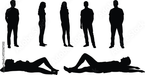 Silhouette collection of men and women in standing and lying poses, human figures, shadow people, black illustration isolated on white background