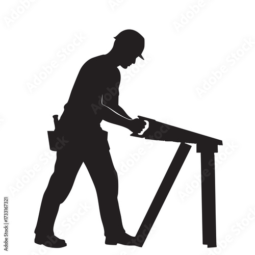A silhouette shows a construction worker sawing wood on a sawhorse, emphasizing labor and craftsmanship in a minimalist design.