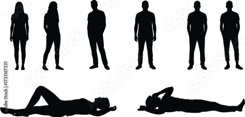 Silhouette collection of men and women in standing and lying down positions, human figures, shadow people, black illustration isolated backgroundSilhouette collection of men =