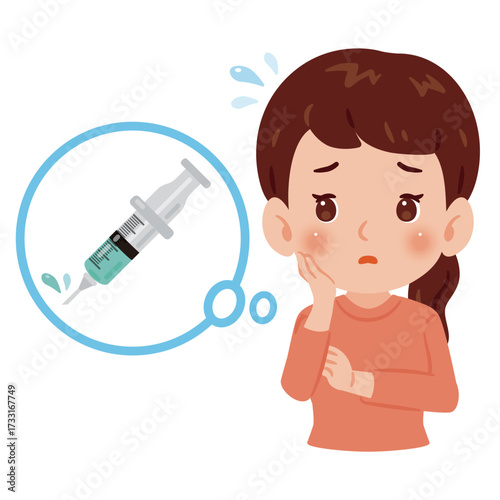 注射器と心配そうな女性　上半身イラスト／Worried woman and syringe　upper body illustration