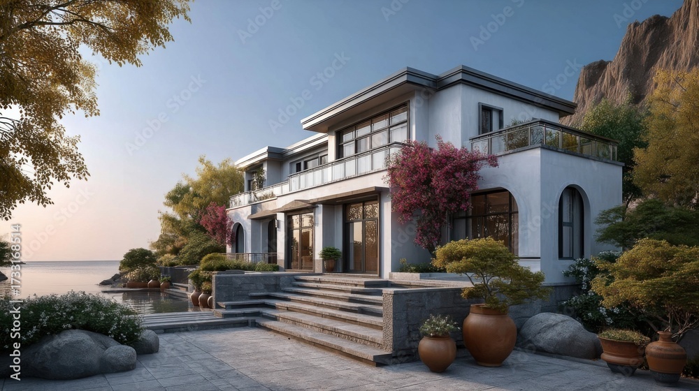 Obraz premium A sophisticated two-story house with white exterior and dark trim,