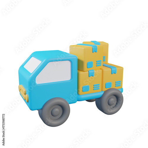Cartoon Delivery Truck with Stacked Boxes on Transparent Background 3D Rendered Illustration Light Blue and Yellow for Transportation and Shipping Concept