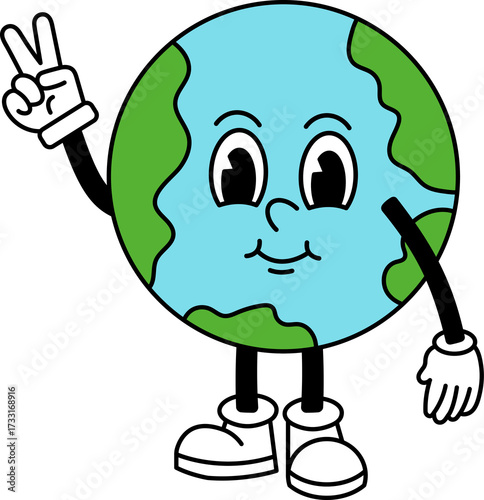 Cartoon Earth Globe Character with Joyful Expression Waving Hand on Transparent Background