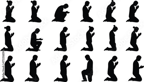 Silhouette collection of men and women praying on knees, meditation, worship, devotion, spiritual faith, religion, isolated, shadow figures.