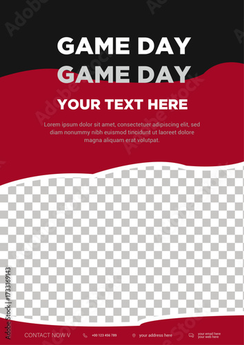 Game day sports flyer template with red and black modern layout for events and promotions