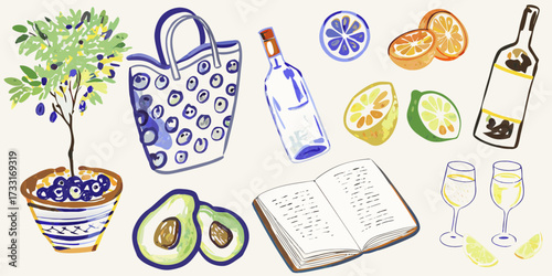 A charming collection of watercolor illustrations featuring a potted blueberry plant tote bag wine bottles citrus fruits avocados an open book and champagne glasses