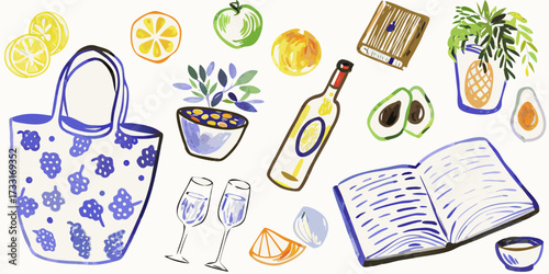 Whimsical watercolor illustration of a tote bag fruits wine books and plants on a white background