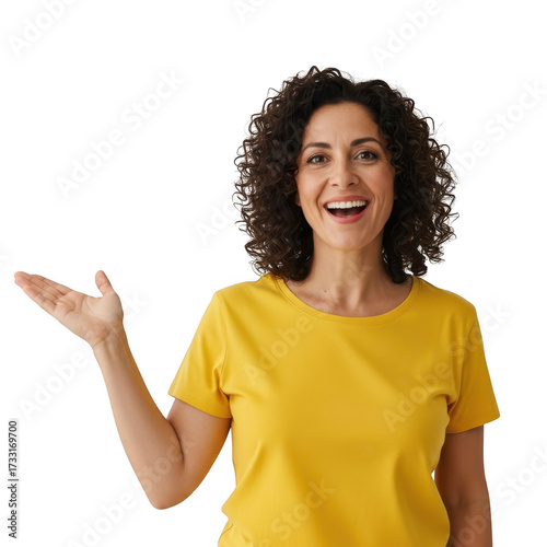 Smiling woman wearing yellow t shirt presenting something isolated on transparent background