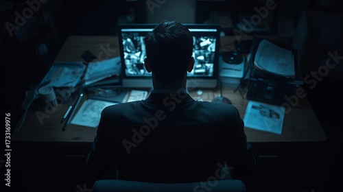 Man sitting at a desk looking at a computer screen in a dark room.