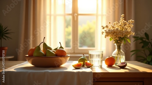 Wallpaper Mural Cozy still life with fresh fruit, glass of water, and flowers in sunlit kitchen interior - warm morning light and natural home decor concept Torontodigital.ca