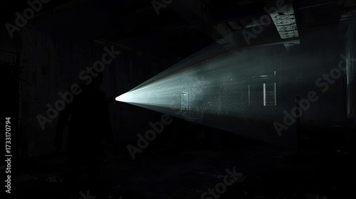 Person in the dark with a flashlight beam shining forward.