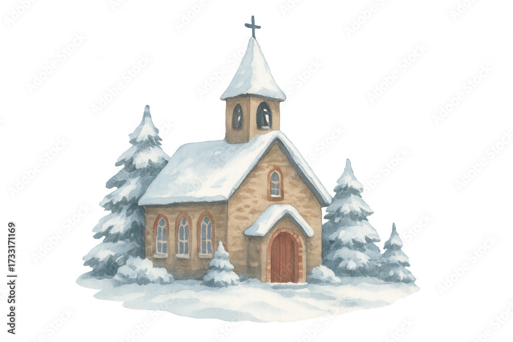 Fototapeta premium Country church building in winter with evergreen trees, snow covering roof and ground, watercolor illustration