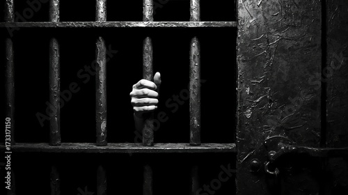 Hand gripping prison bars in a dark cell, symbolizing confinement and despair.