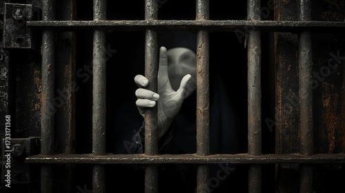 Hand gripping jail bars in a dark prison cell.