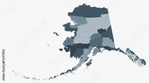 Map of Alaska with counties. Just a simple state border map with county division. Blue grey color palette. Flat State of Alaska shape with administrative division. Vector illustration.