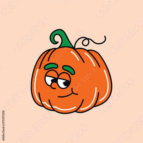 A charming cartoon pumpkin illustration featuring a smug and slightly mischievous facial expression, perfect for autumn and Halloween themes. Jack O Lantern Retro Mascot.