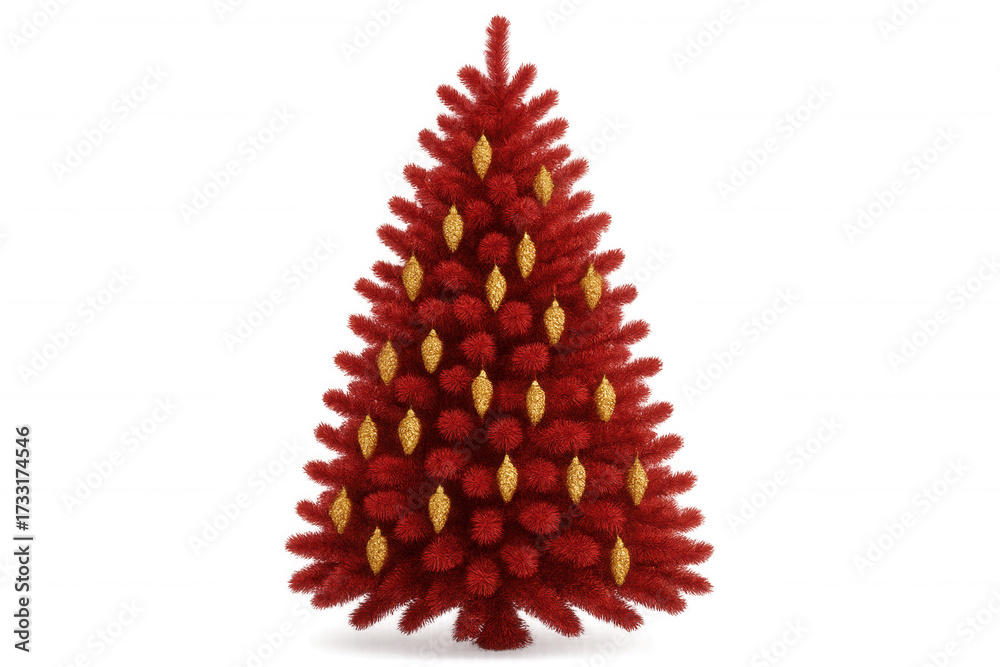 Fototapeta premium Red christmas tree decorated with golden pine cones, celebrating winter holidays, festive season concept