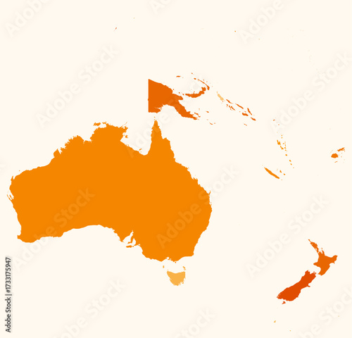 Map of Oceania with countries. Just a simple continent border map with country division. Orange color palette. Plain Oceania shape with administrative division. Vector illustration.