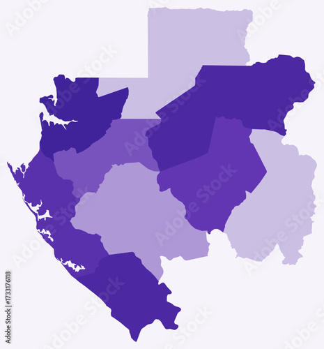 Map of Gabon with regions. Just a simple country border map with region division. Deep purple color palette. Plain Gabon shape with administrative division. Vector illustration.