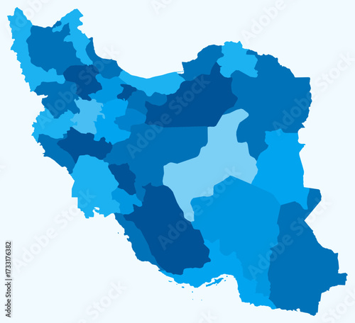Map of Iran with regions. Just a simple country border map with region division. Light blue color palette. Blank Islamic Republic of Iran shape with administrative division. Vector illustration.