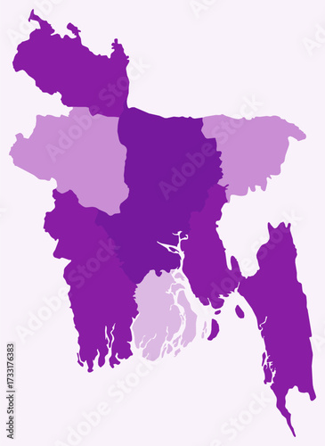 Map of Bangladesh with regions. Just a simple country border map with region division. Purple color palette. Plain People's Republic of Bangladesh shape with administrative division.