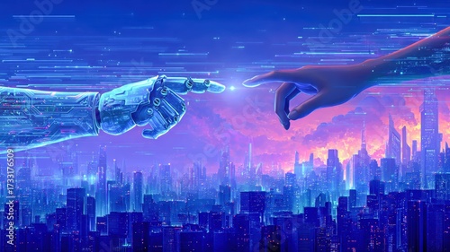 Ethical ai in finance illustrated by robotic hand reaching for human hand over futuristic city glowing with vibrant digital light