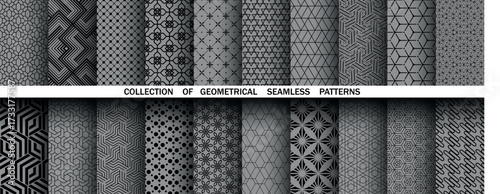 Geometric set of seamless black and gray patterns. Simple vector graphics