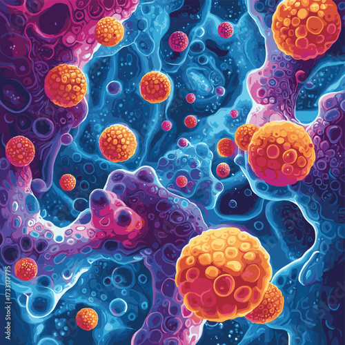 A vibrant depiction of microscopic bubbles containing cellular structures, showcasing a colorful and dynamic biological environment. , vector style simple color