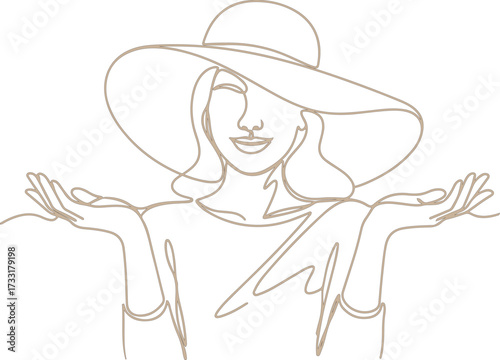 Beautiful fashion model woman in a hat drawing with elegant black outline style