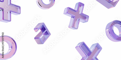 Abstract 3d rendered glossy purple tic tac toe game symbols floating on white background