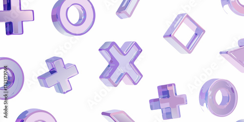 Seamless pattern of translucent purple geometric shapes including circles crosses and x s on white background