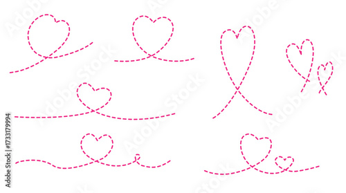 くるんとした手描きの点線のハートのベクターセット素材