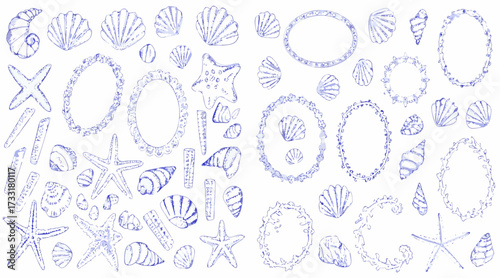 Collection of blue watercolor hand drawn seashells starfishes and decorative frames on white background