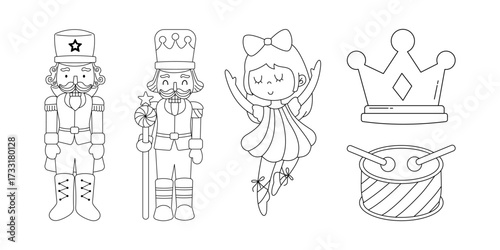 Set of outline coloring pages featuring classic Nutcracker characters. Includes two toy soldiers, a ballerina, a drum, and a crown. Perfect for Christmas and holiday projects.