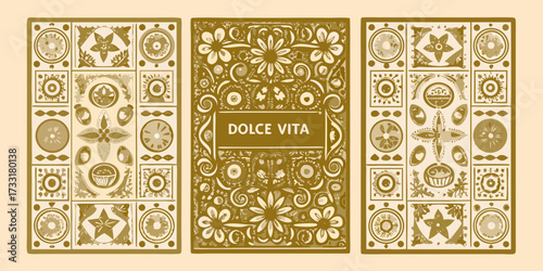 Triptych artwork featuring ornate floral patterns and italian phrase dolce vita in a vintage style