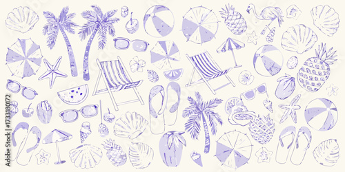 Purple hand drawn summer beach vacation elements pattern with palm trees and sunglasses