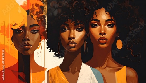 Artistic portrayal of three African women, each with unique hairstyles and clothing, showcasing varied skin tones and expressions