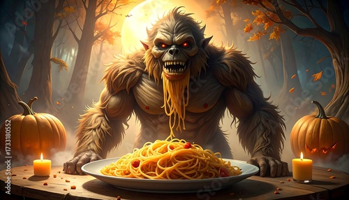 Huge ape devouring spaghetti in autumn forest
